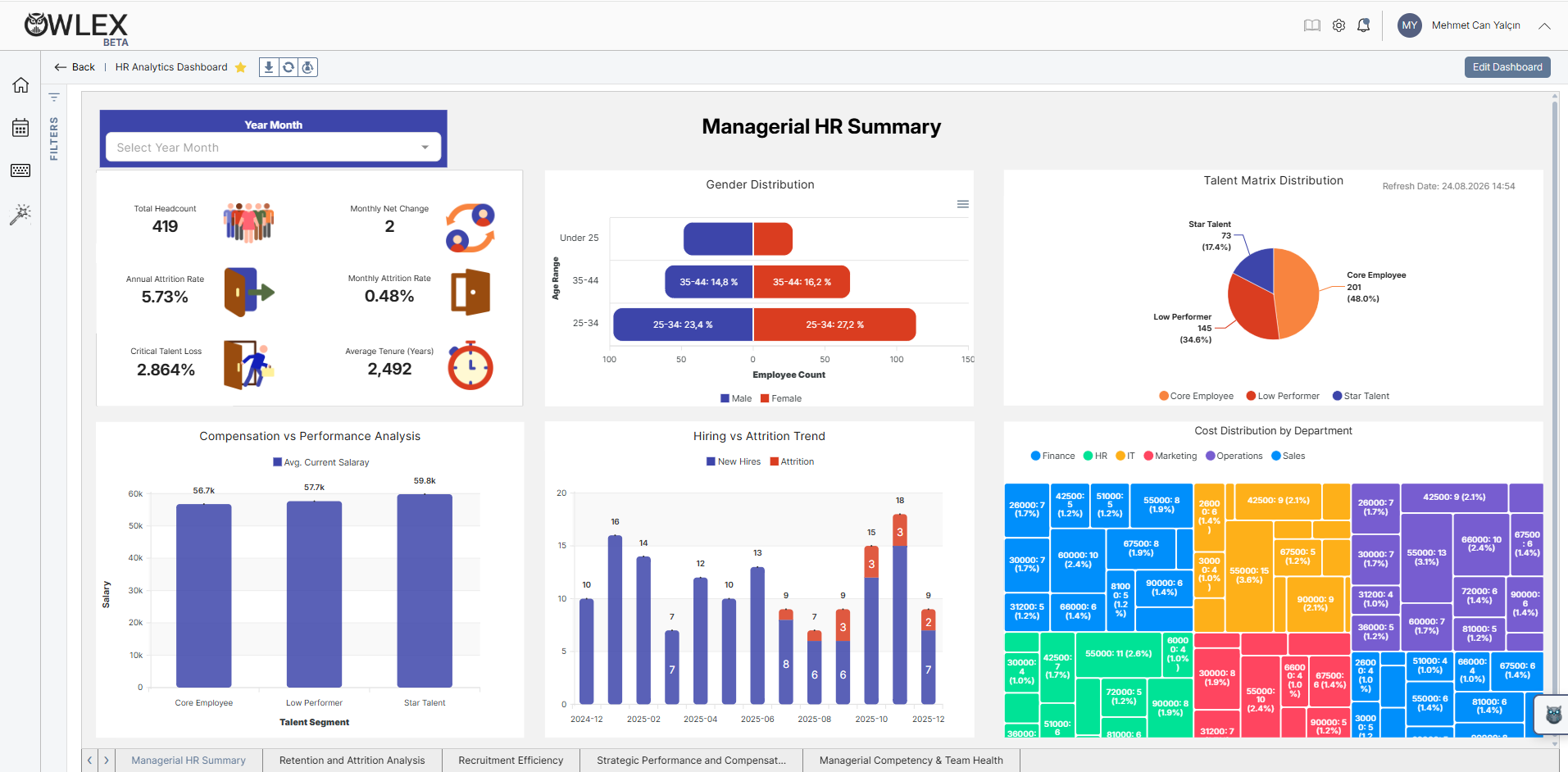 Owlex BI yönetim panosu — İK analitiği dashboard ekranı