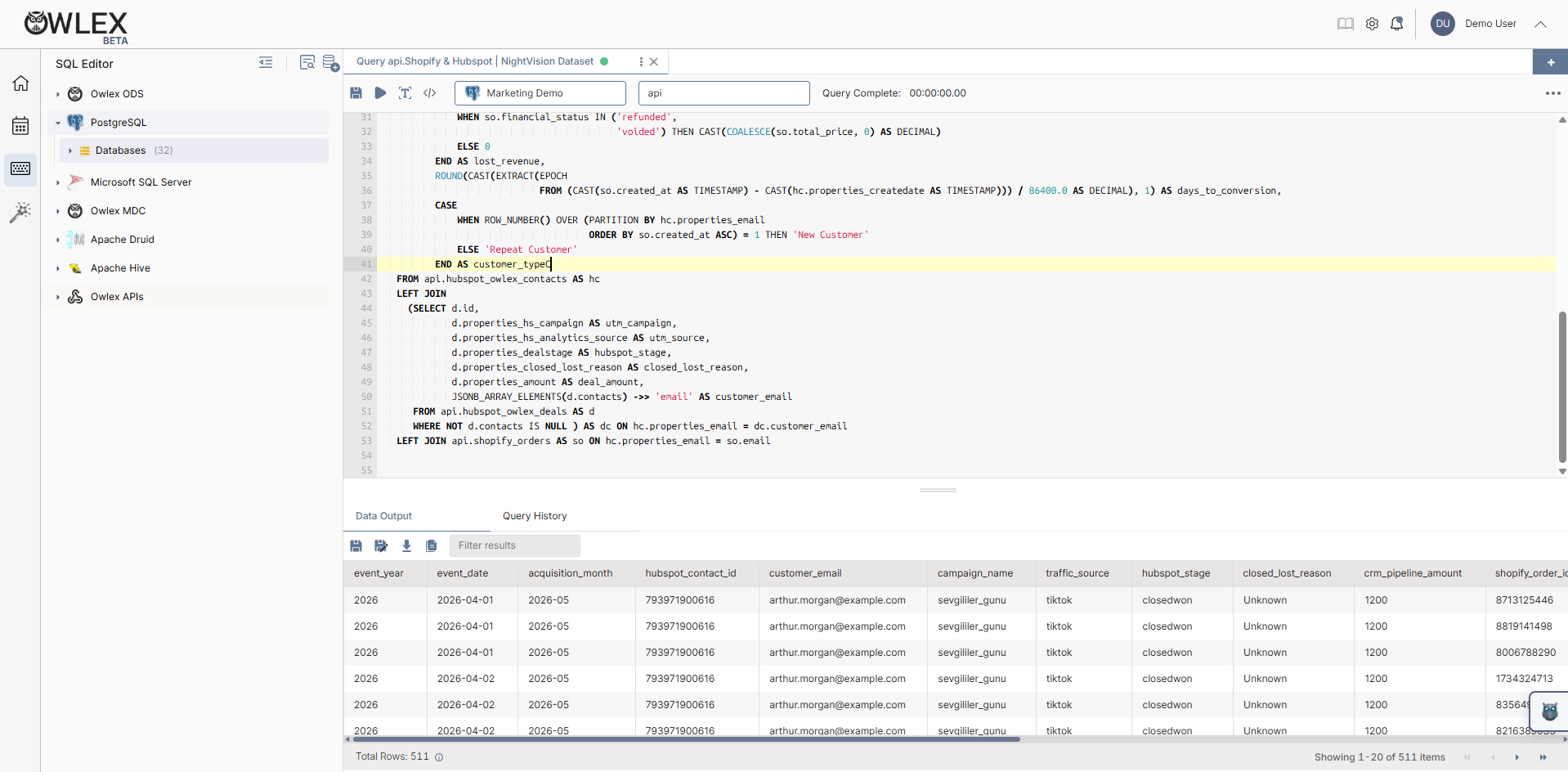 Owlex BI SQL editör ekranı