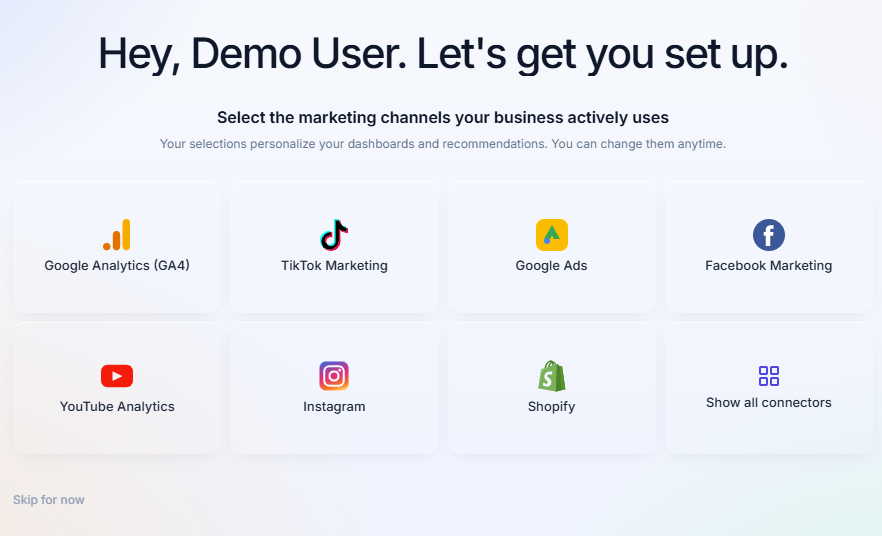 Owlex Marketing — veri kaynağı bağlama ve ilk kurulum ekranı
