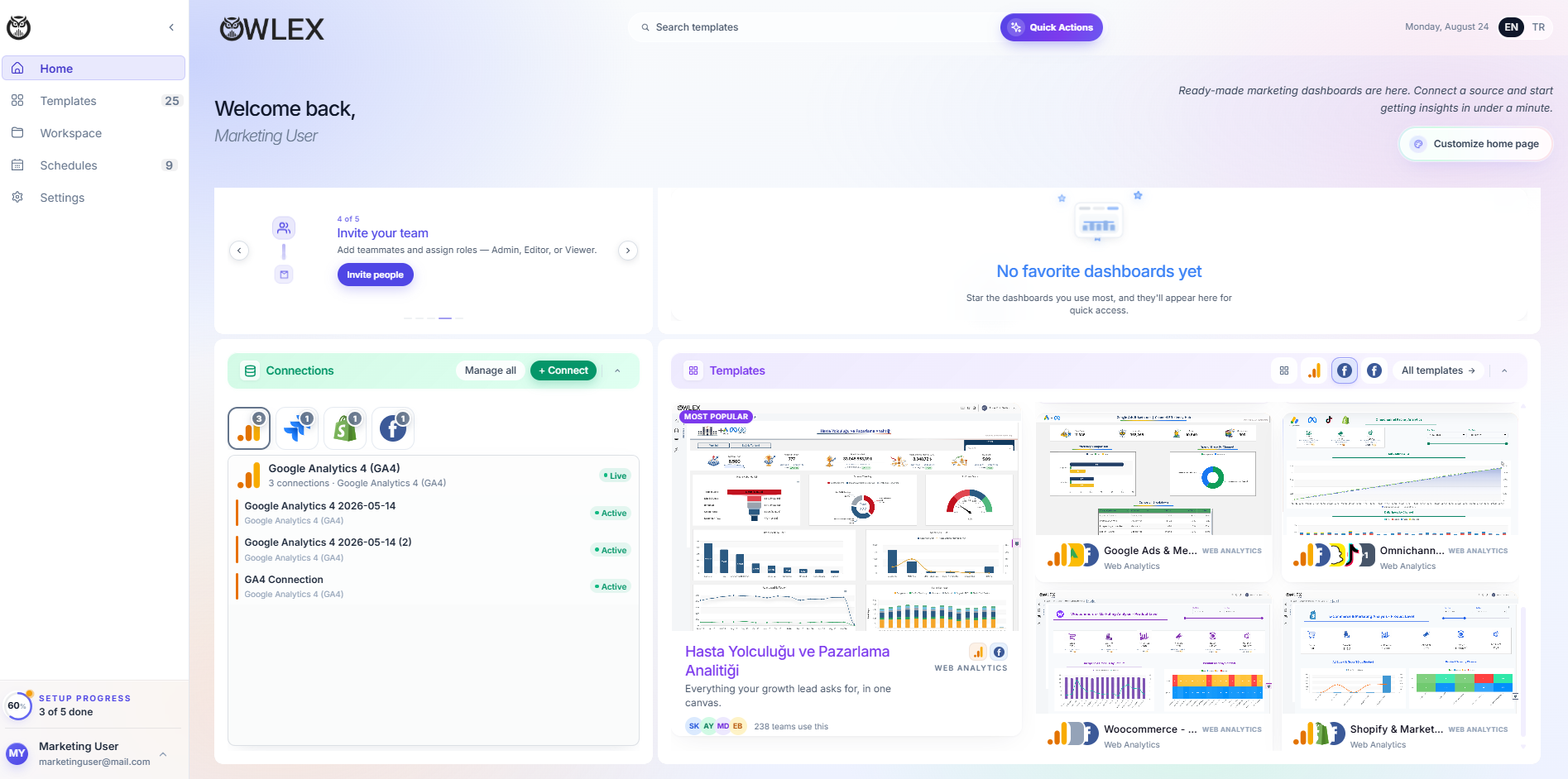 Owlex Marketing ana ekran — pazarlama performans panosu
